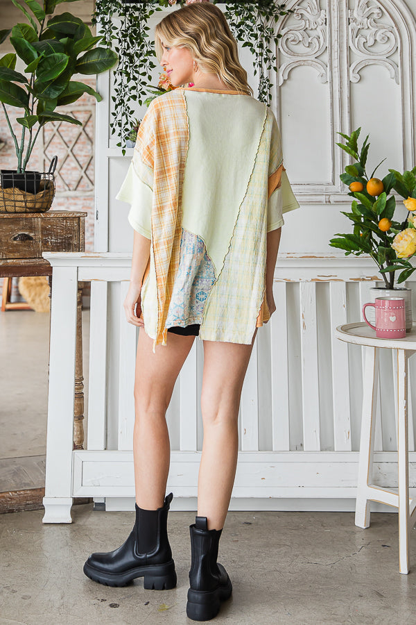 WASHED FABRIC MIXED SHORT SLEEVE TOP