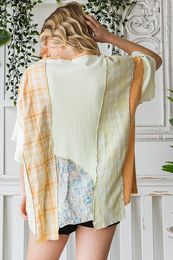 WASHED FABRIC MIXED SHORT SLEEVE TOP
