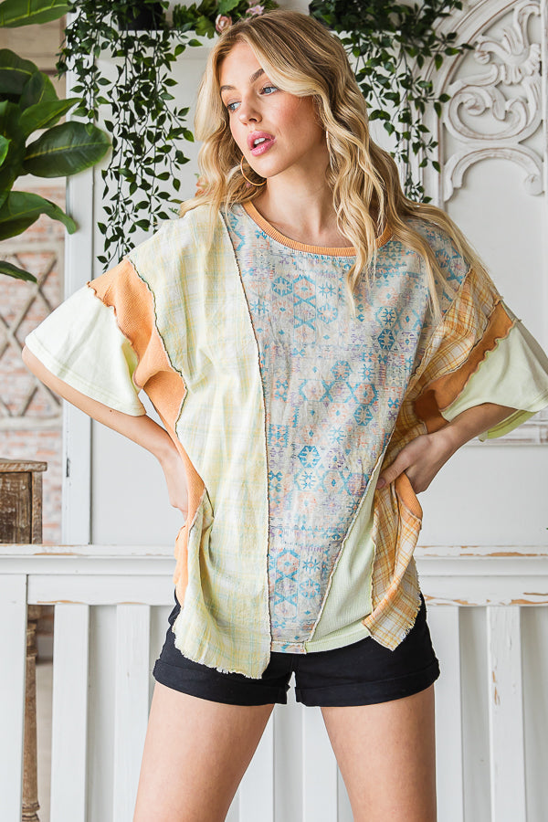 WASHED FABRIC MIXED SHORT SLEEVE TOP