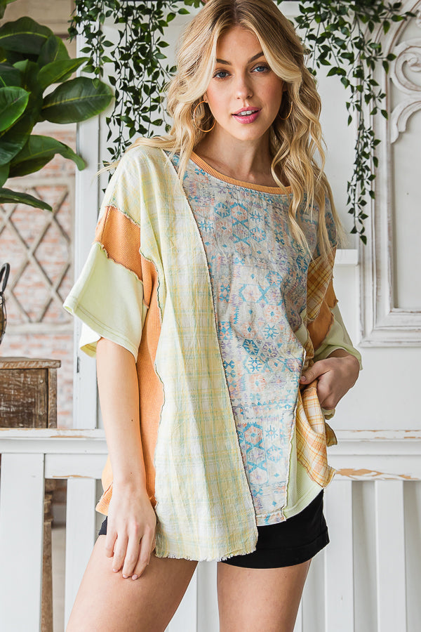 WASHED FABRIC MIXED SHORT SLEEVE TOP