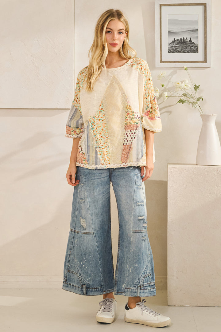 WASHED PRINT PATCHWORK SHORT SLEEVE TOP