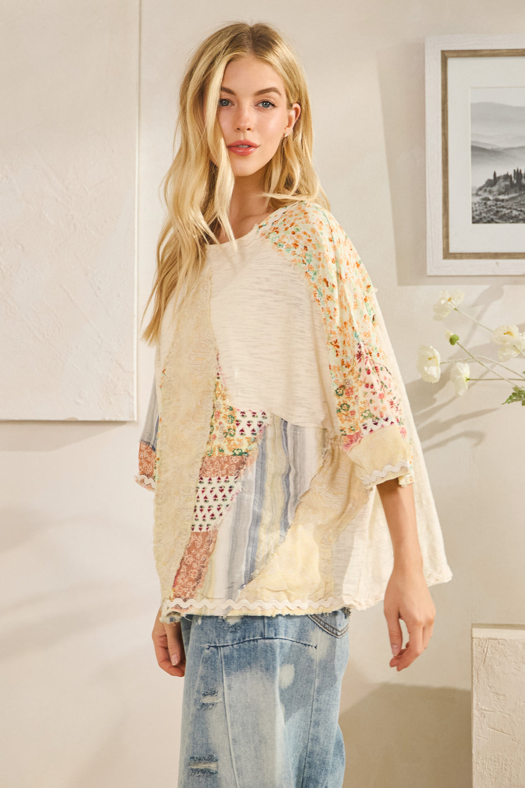 WASHED PRINT PATCHWORK SHORT SLEEVE TOP