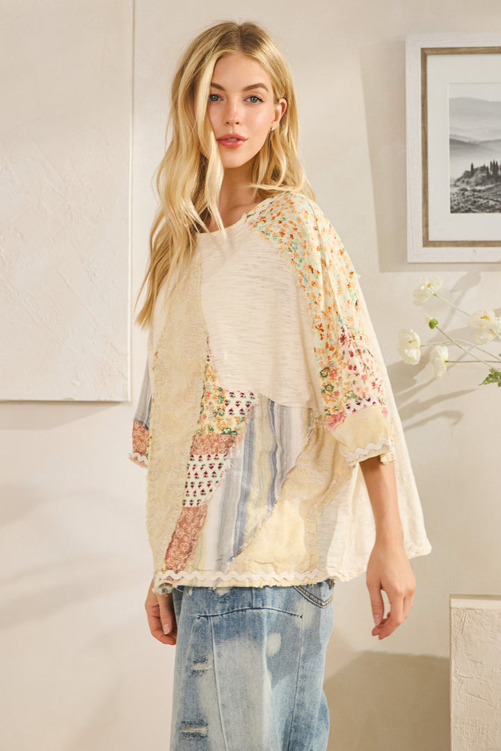WASHED PRINT PATCHWORK SHORT SLEEVE TOP