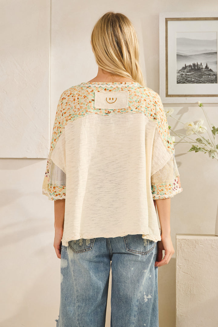 WASHED PRINT PATCHWORK SHORT SLEEVE TOP