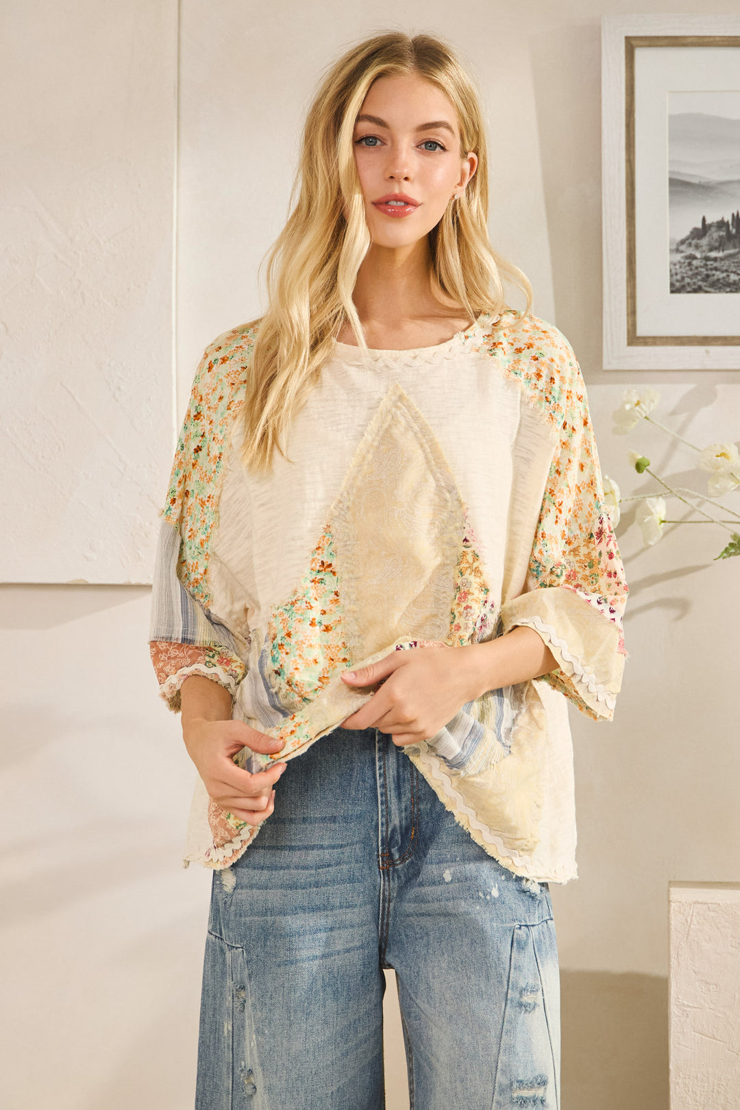 WASHED PRINT PATCHWORK SHORT SLEEVE TOP