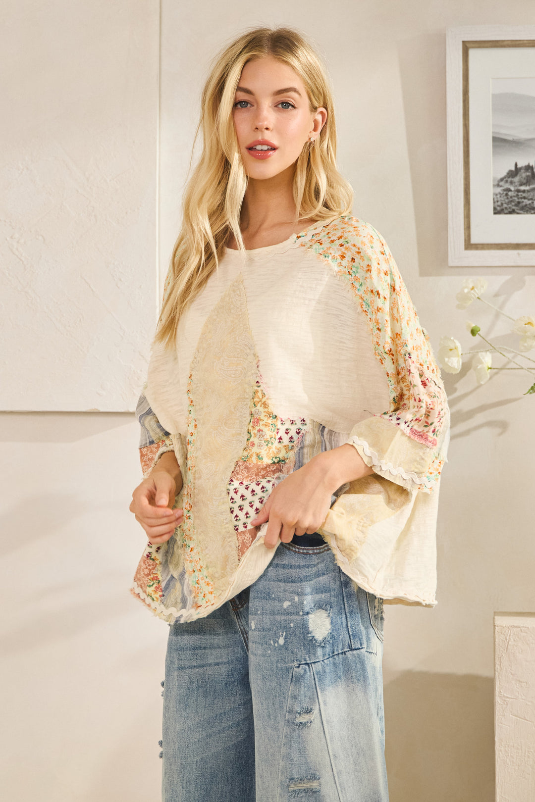 WASHED PRINT PATCHWORK SHORT SLEEVE TOP