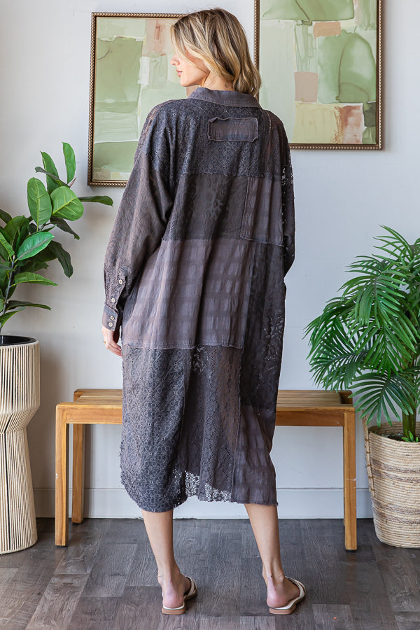 WASHED LACE PATCHWORK BUTTON UP OVERSIZED SHIRT