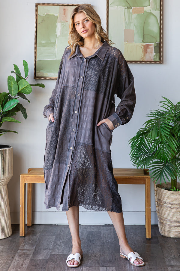 WASHED LACE PATCHWORK BUTTON UP OVERSIZED SHIRT