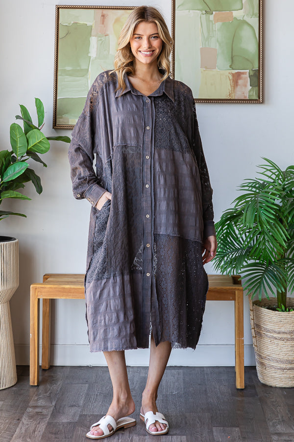 WASHED LACE PATCHWORK BUTTON UP OVERSIZED SHIRT