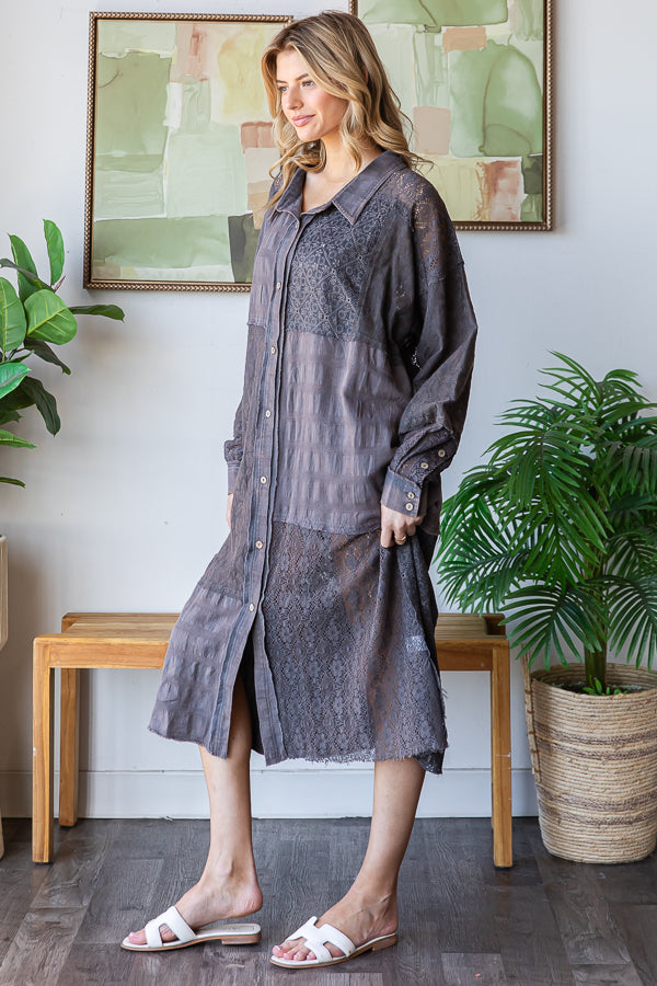 WASHED LACE PATCHWORK BUTTON UP OVERSIZED SHIRT
