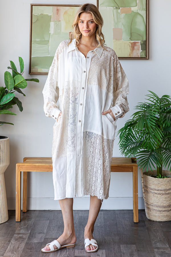 WASHED LACE PATCHWORK BUTTON UP OVERSIZED SHIRT