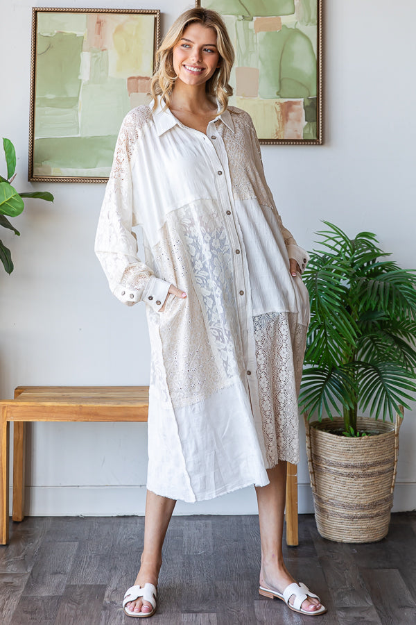 WASHED LACE PATCHWORK BUTTON UP OVERSIZED SHIRT