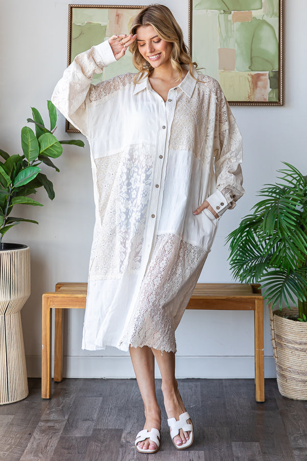 WASHED LACE PATCHWORK BUTTON UP OVERSIZED SHIRT