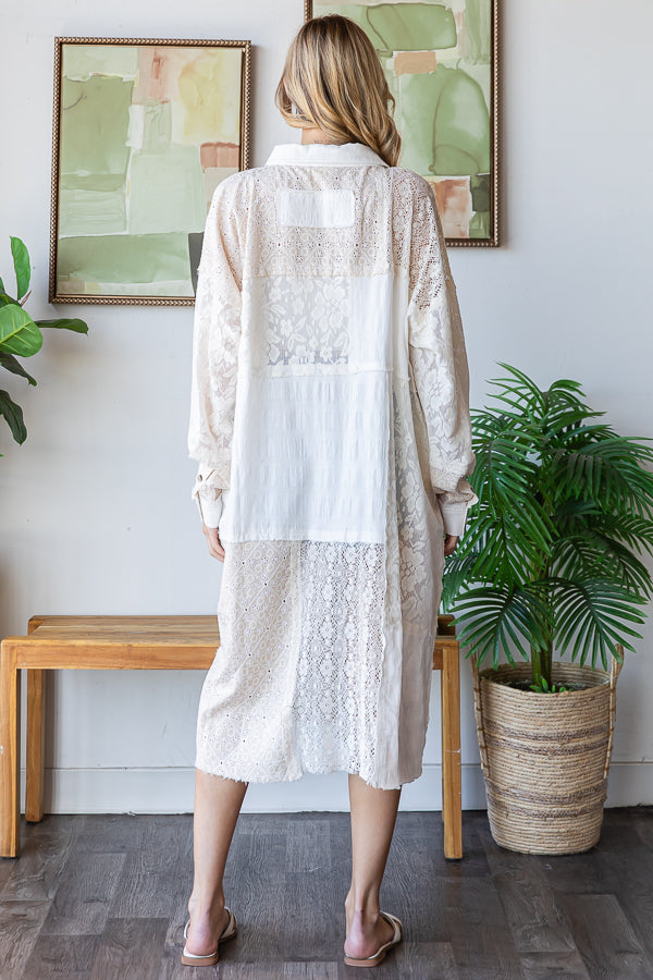 WASHED LACE PATCHWORK BUTTON UP OVERSIZED SHIRT