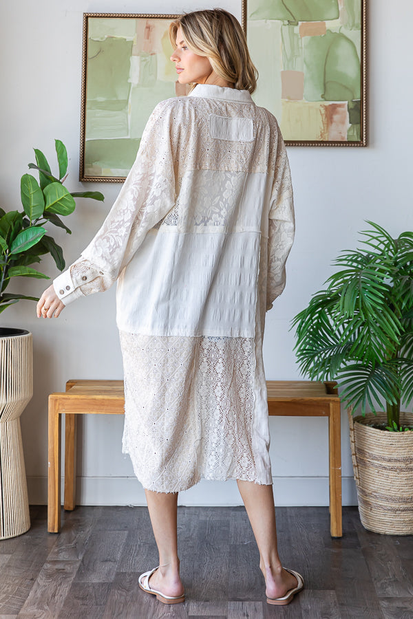 WASHED LACE PATCHWORK BUTTON UP OVERSIZED SHIRT
