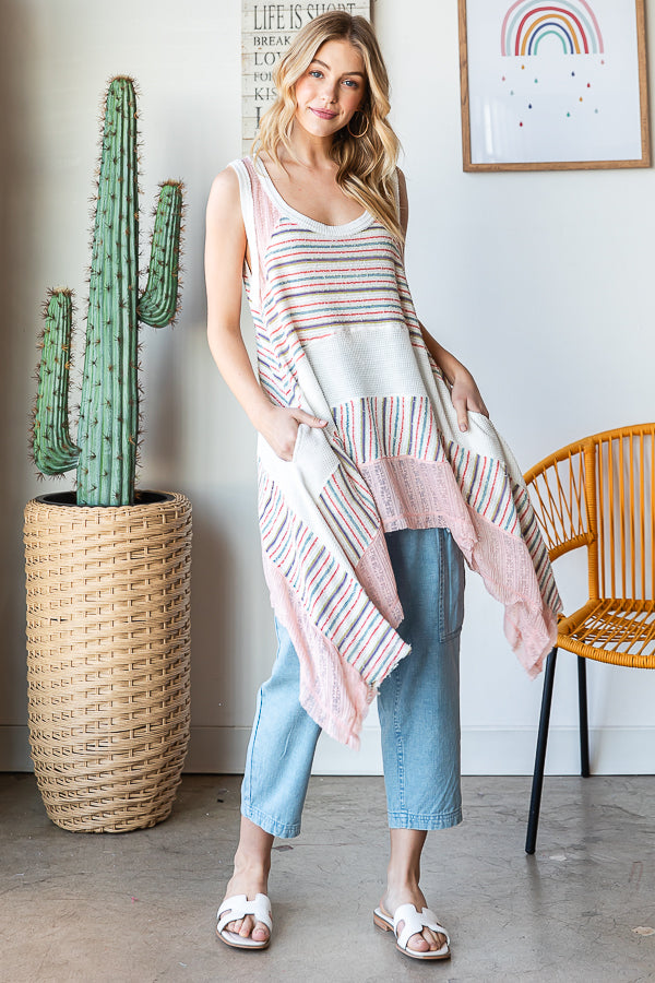 WASHED STRIPED DETAIL SHARKBITE HEM TANK TOP