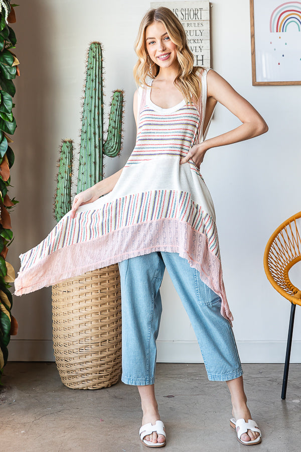 WASHED STRIPED DETAIL SHARKBITE HEM TANK TOP