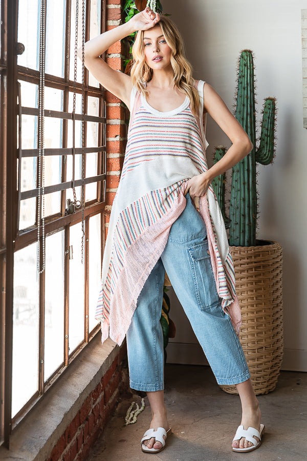WASHED STRIPED DETAIL SHARKBITE HEM TANK TOP