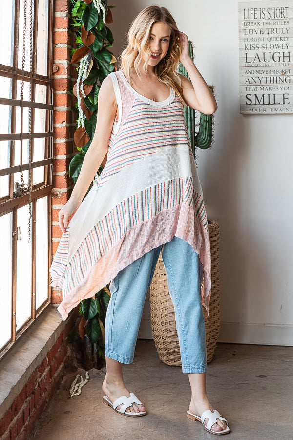 WASHED STRIPED DETAIL SHARKBITE HEM TANK TOP