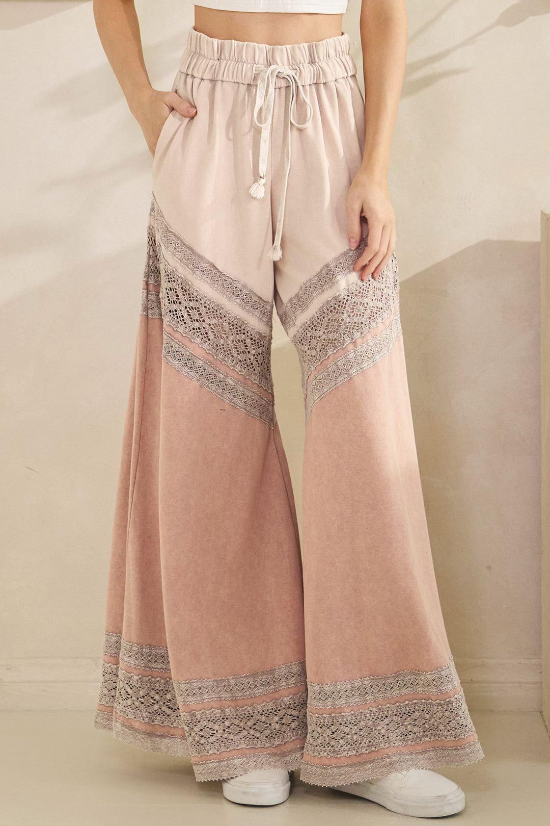 WASHED FABRIC MIX WIDE LEG PANTS