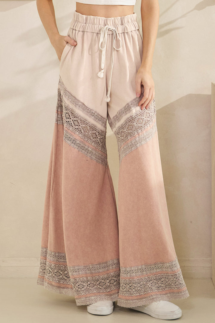 WASHED FABRIC MIX WIDE LEG PANTS