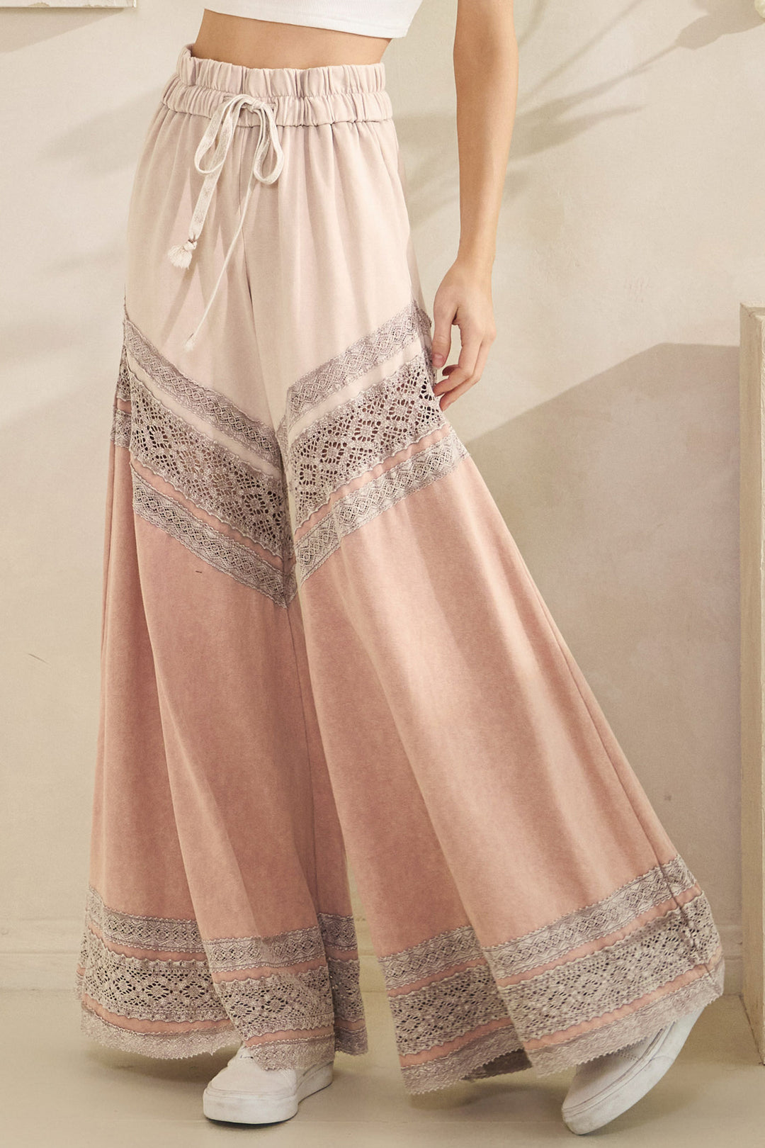 WASHED FABRIC MIX WIDE LEG PANTS