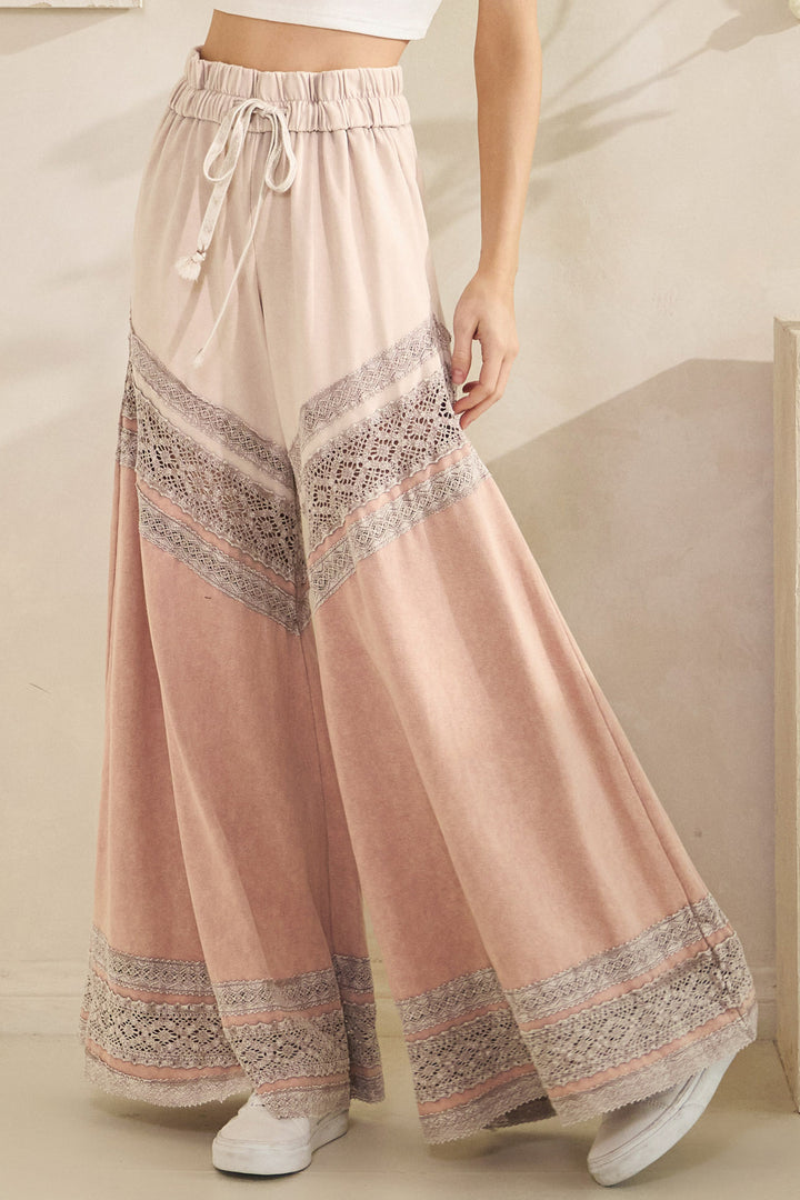 WASHED FABRIC MIX WIDE LEG PANTS