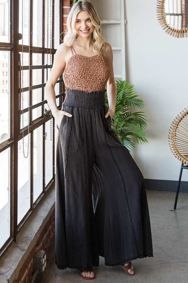 MINERAL WASHED SMOCKED WAIST BAND WIDE LEG PANTS