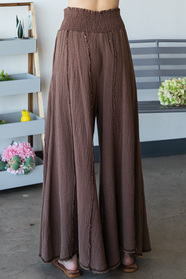 MINERAL WASHED SMOCKED WAIST BAND WIDE LEG PANTS