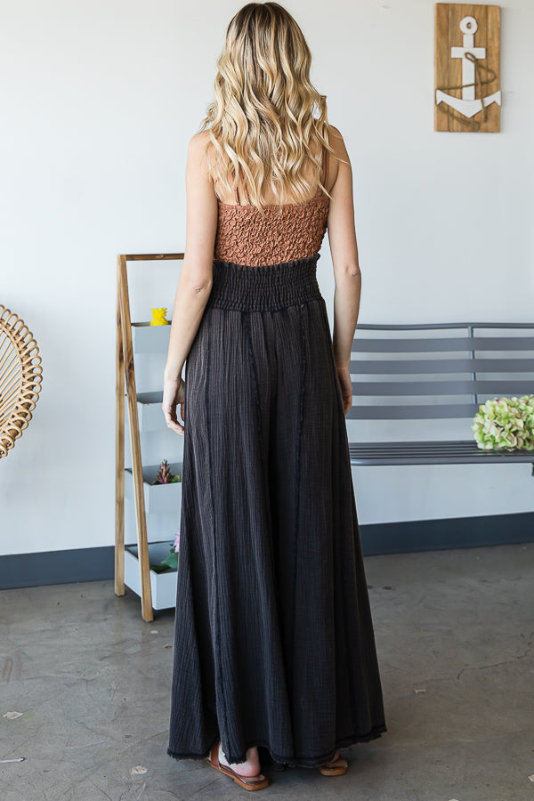 MINERAL WASHED SMOCKED WAIST BAND WIDE LEG PANTS