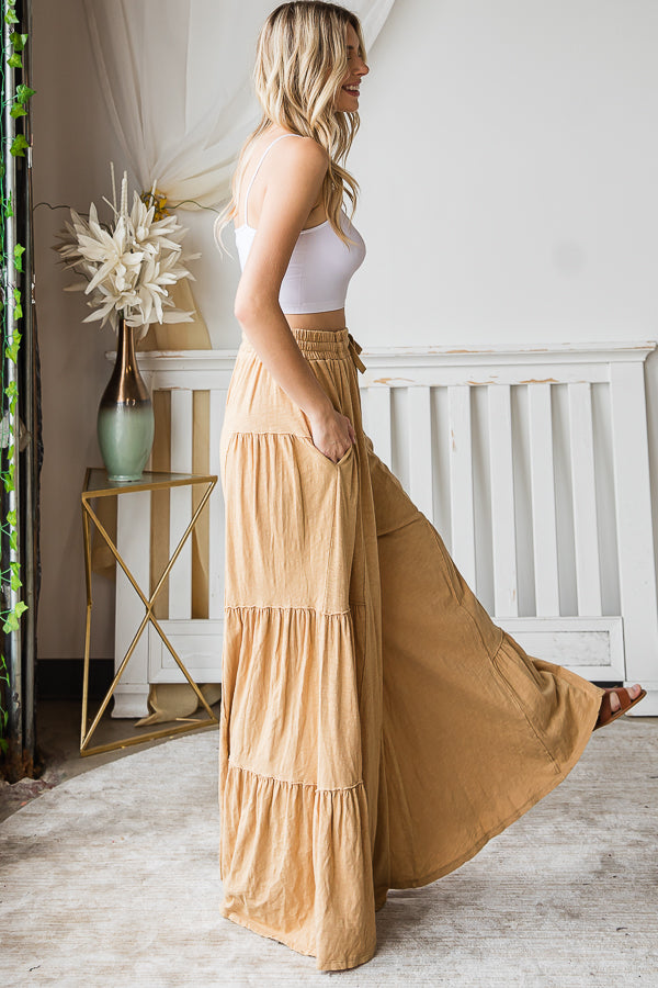 MINERAL WASHED TIERED WIDE LEG PANTS