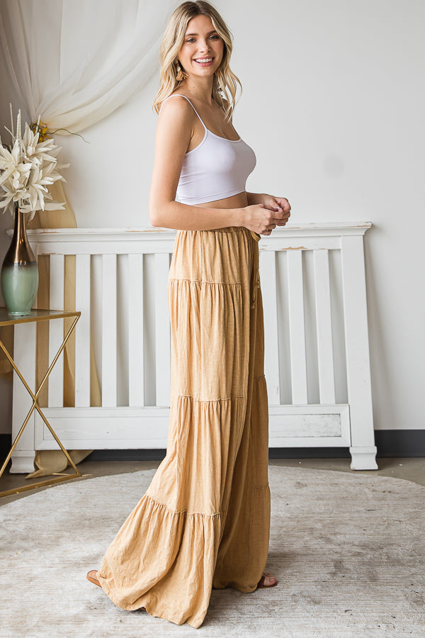 MINERAL WASHED TIERED WIDE LEG PANTS