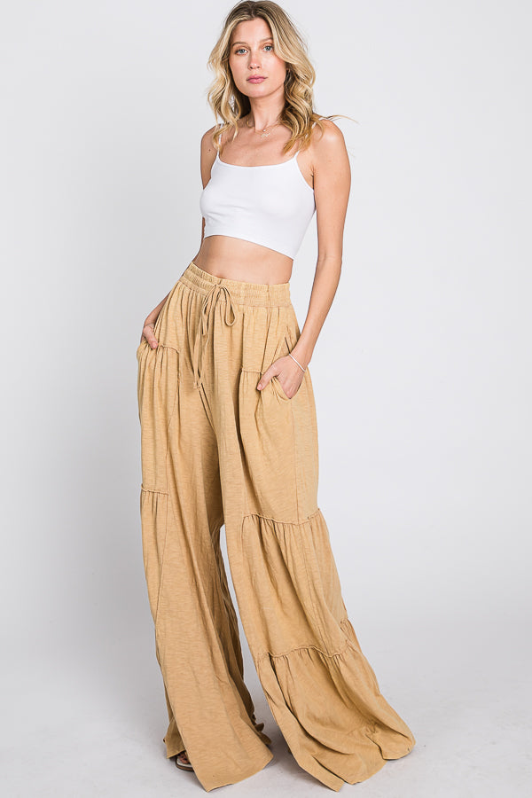 MINERAL WASHED TIERED WIDE LEG PANTS
