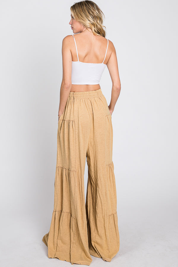 MINERAL WASHED TIERED WIDE LEG PANTS