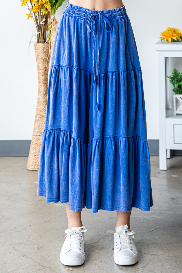 MINERAL WASHED ELASTIC WAIST TIERED WID LEG PANTS