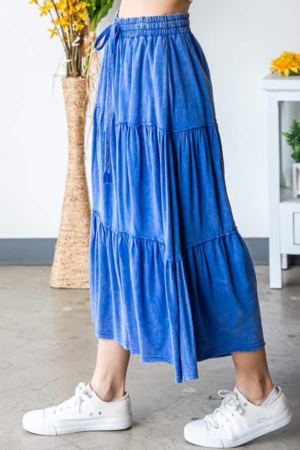 MINERAL WASHED ELASTIC WAIST TIERED WID LEG PANTS
