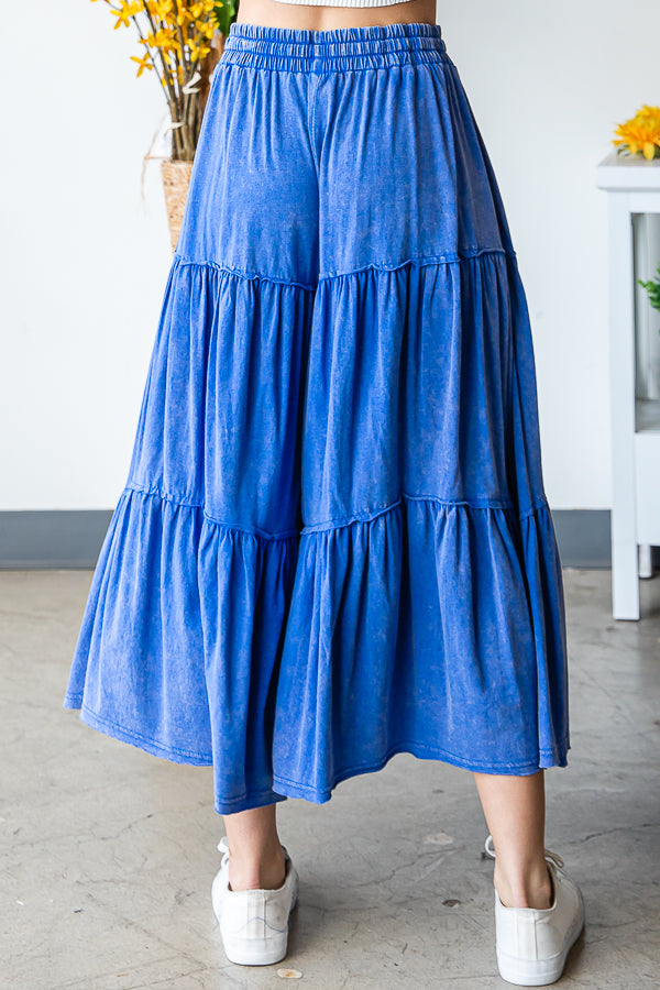 MINERAL WASHED ELASTIC WAIST TIERED WID LEG PANTS