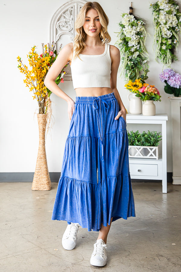 MINERAL WASHED ELASTIC WAIST TIERED WID LEG PANTS
