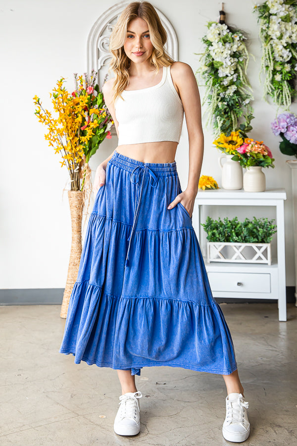 MINERAL WASHED ELASTIC WAIST TIERED WID LEG PANTS