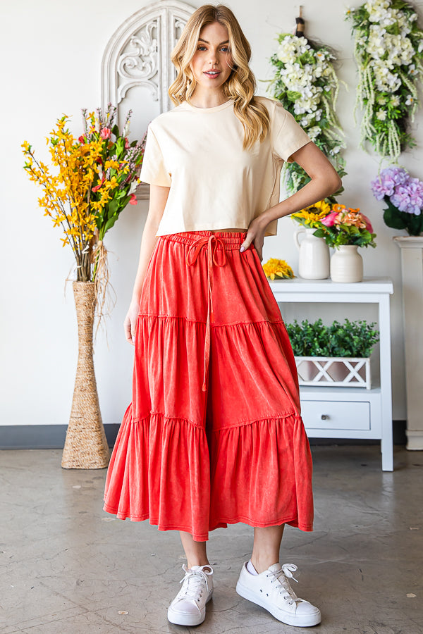 MINERAL WASHED ELASTIC WAIST TIERED WID LEG PANTS