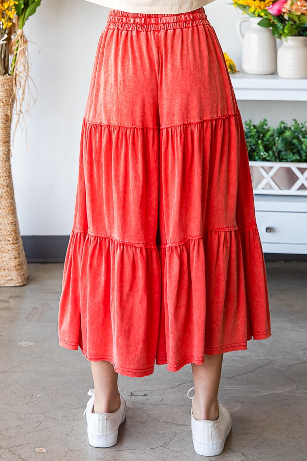 MINERAL WASHED ELASTIC WAIST TIERED WID LEG PANTS