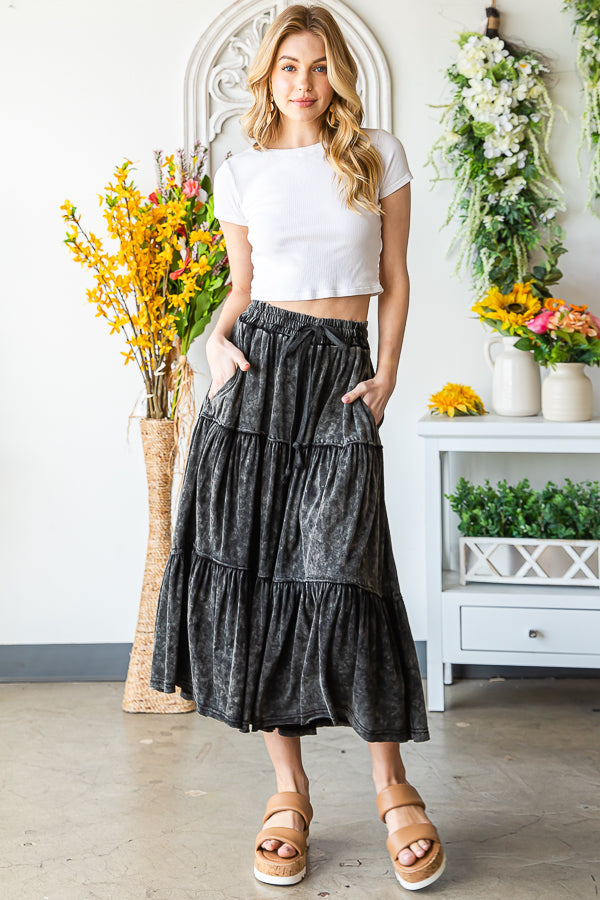 MINERAL WASHED ELASTIC WAIST TIERED WID LEG PANTS
