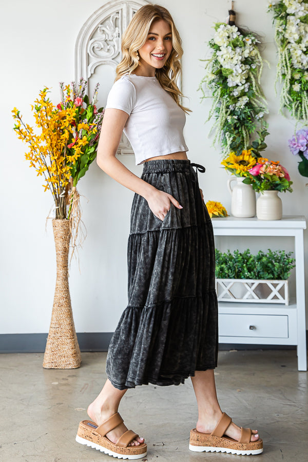 MINERAL WASHED ELASTIC WAIST TIERED WID LEG PANTS