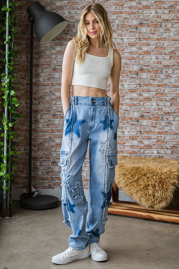 STAR PATCHED STRETCH DENIM CARGO PANTS