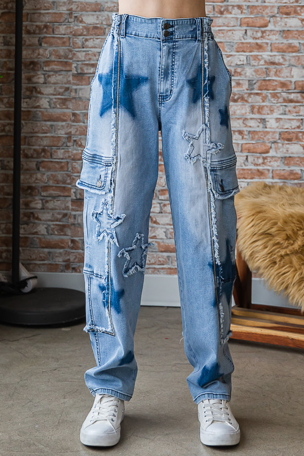 STAR PATCHED STRETCH DENIM CARGO PANTS