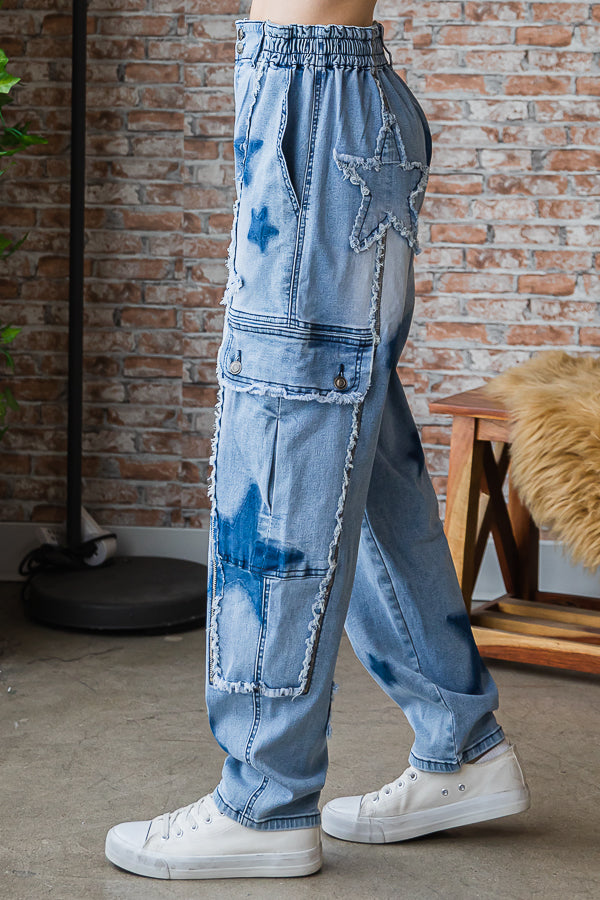 STAR PATCHED STRETCH DENIM CARGO PANTS