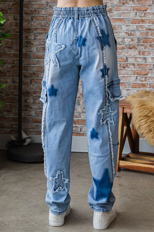 STAR PATCHED STRETCH DENIM CARGO PANTS