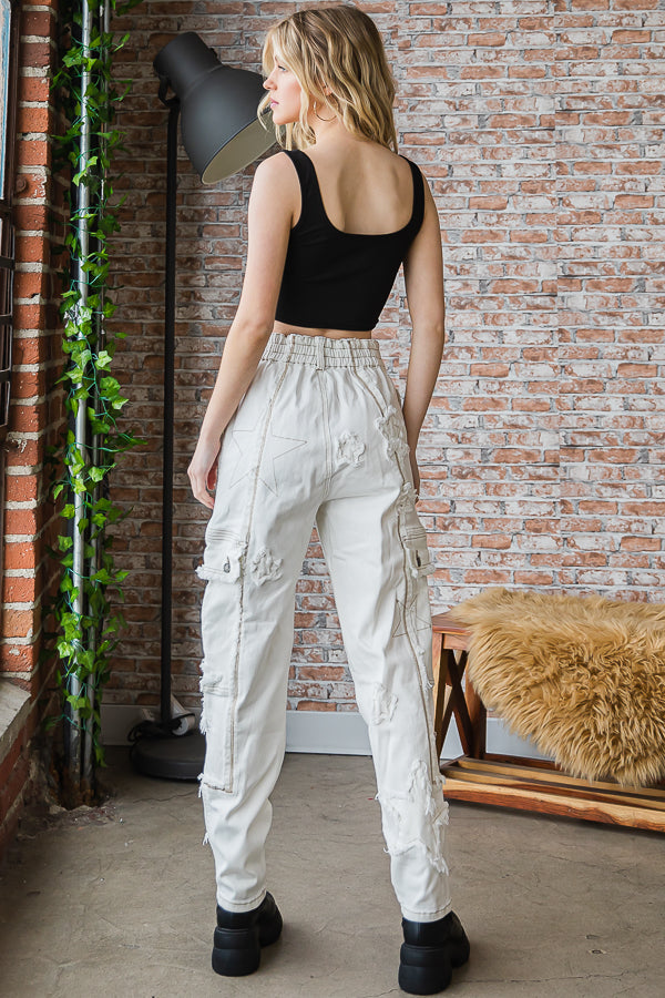 STAR PATCHED STRETCH DENIM CARGO PANTS