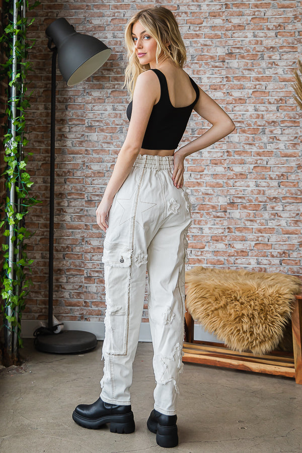 STAR PATCHED STRETCH DENIM CARGO PANTS