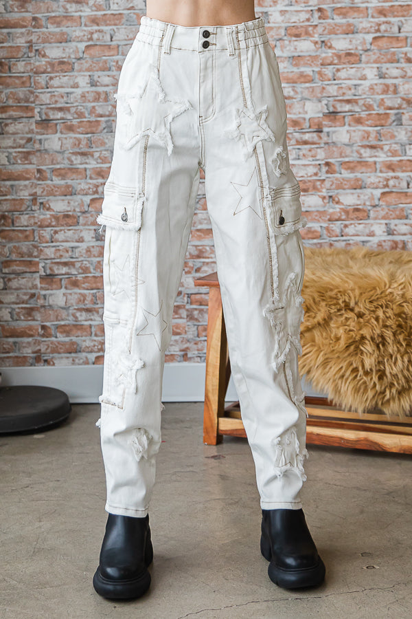 STAR PATCHED STRETCH DENIM CARGO PANTS